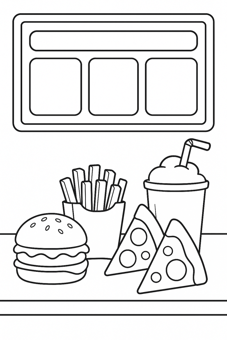 Fast food themed coloring page with burger, fries, pizza, and drink