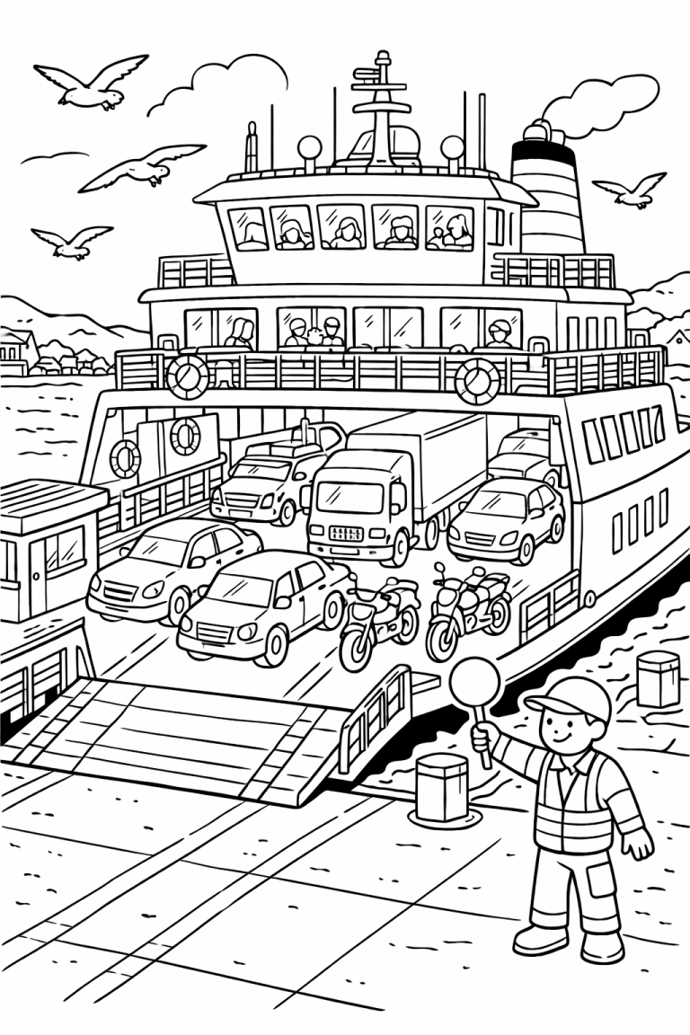 Coloring page of a ferry with cars and people