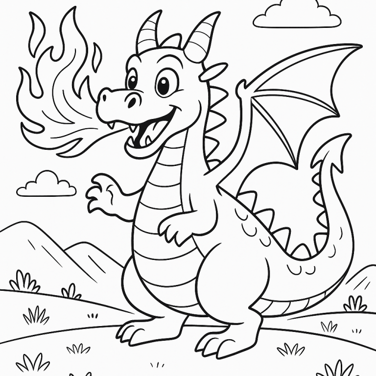 Coloring page of a cartoon dragon breathing fire
