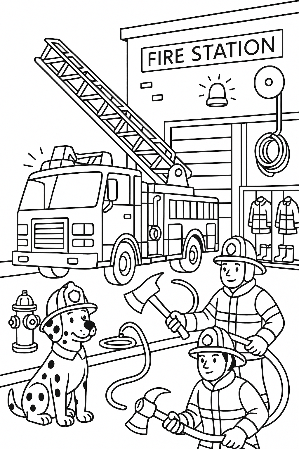 Fire station scene with firefighters, a fire truck, and a Dalmatian dog.