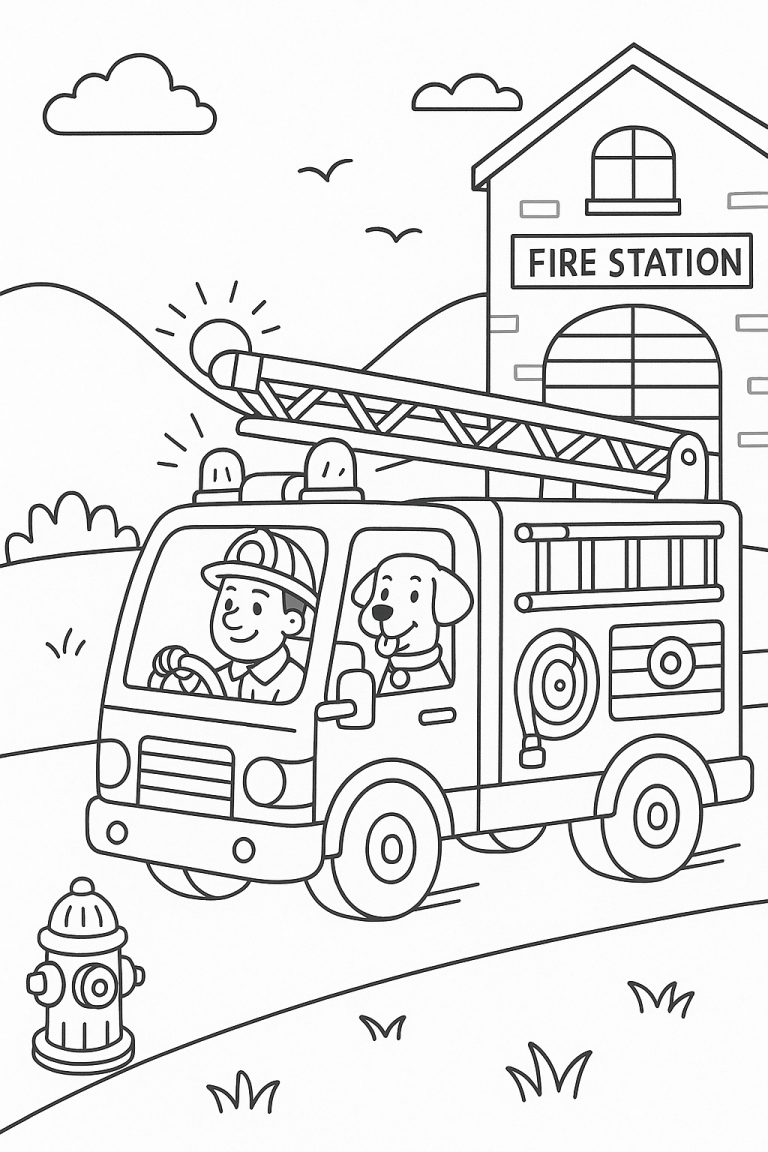 Fire truck and firefighter coloring page