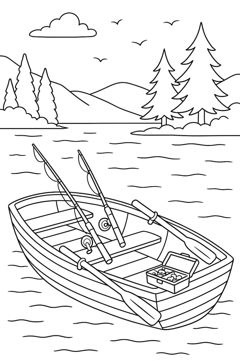 Fishing boat on a lake with mountains and trees