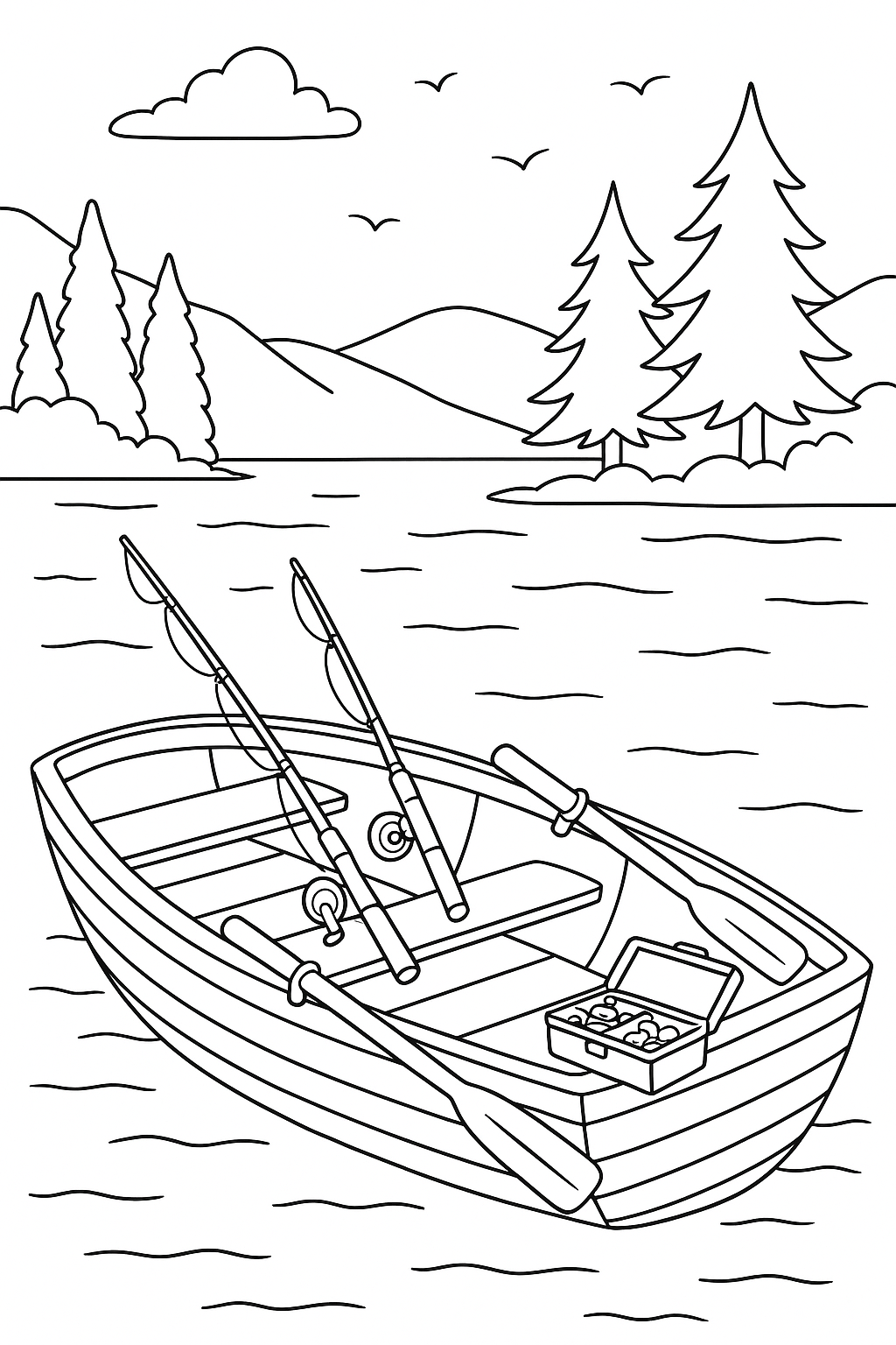 Fishing boat on a lake with mountains and trees