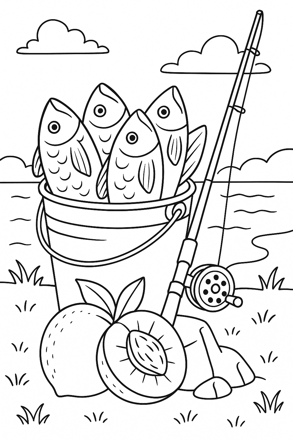 Fishing coloring page with fish, fruits, and fishing rod