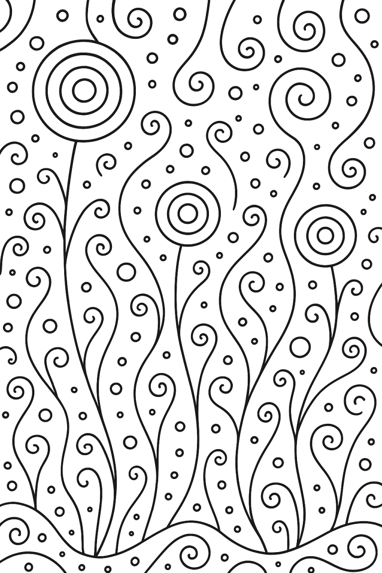 Floral patterns coloring page with swirls and circles