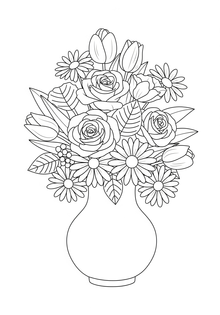 Coloring page of a flower bouquet in a vase
