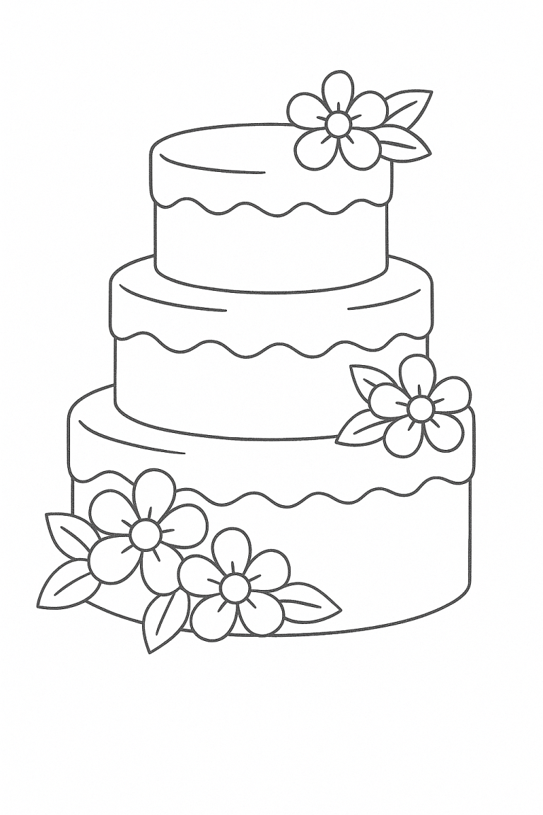 A coloring page featuring a flower-decorated cake