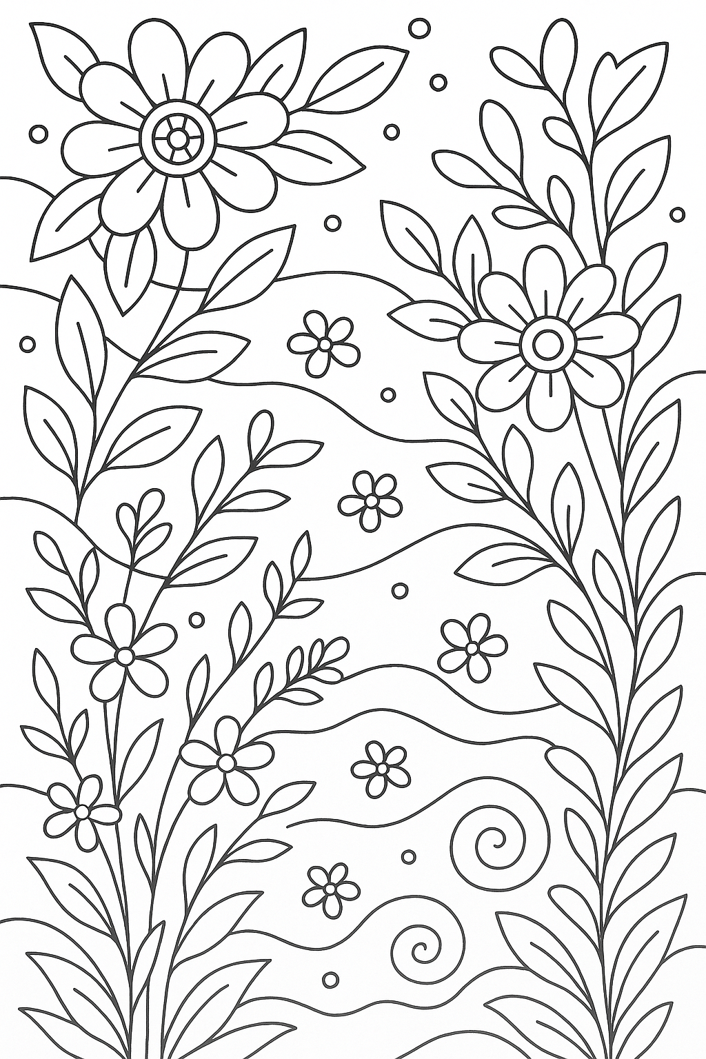 Flower coloring page with large and small flowers and leaves