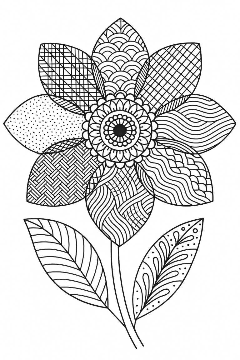 Flower coloring page with intricate patterns