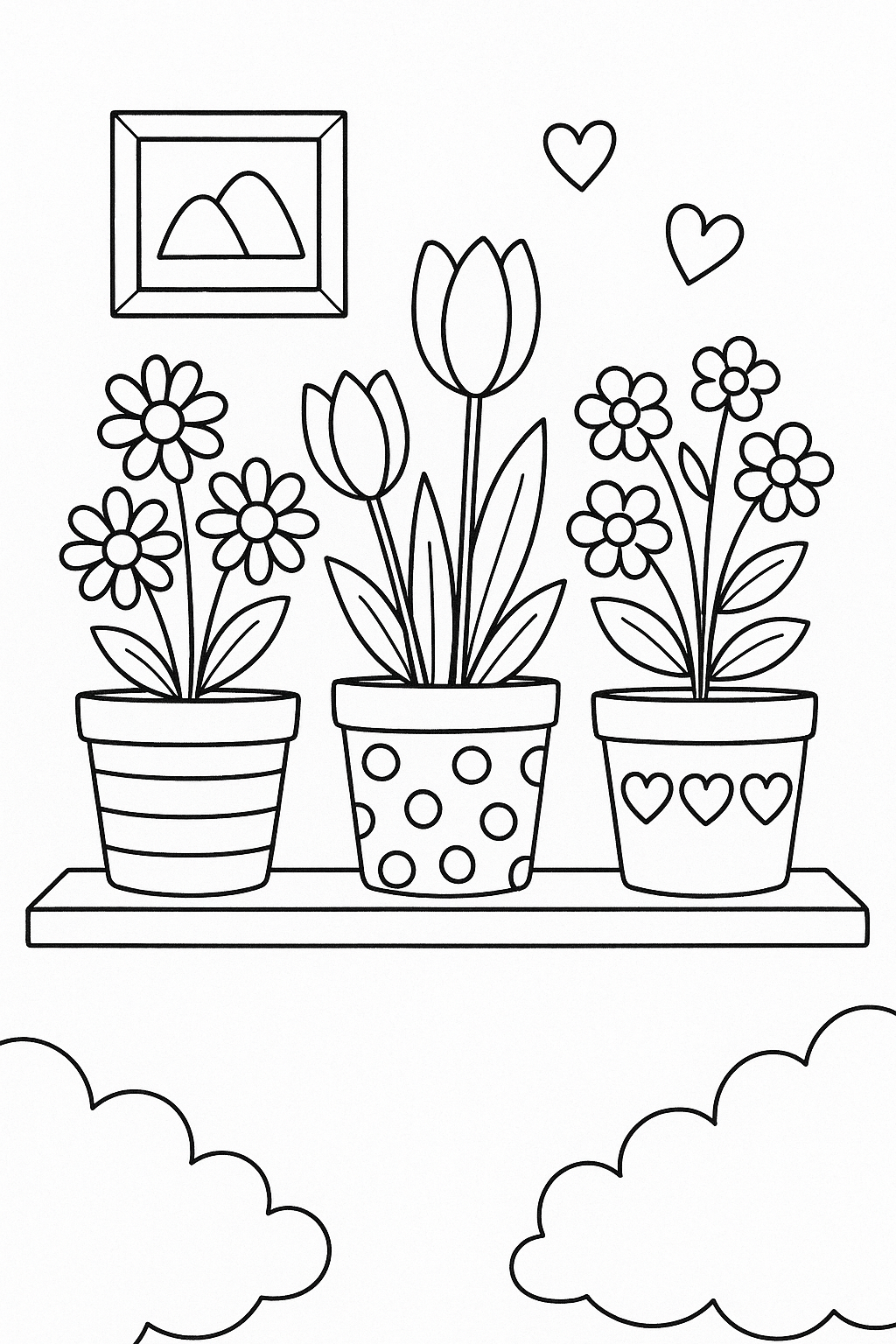 Coloring page with three flower pots on a shelf.