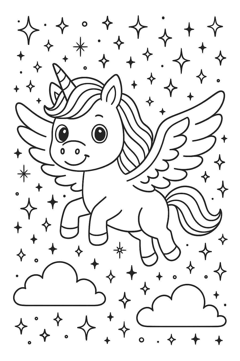 Flying unicorn among stars and clouds on a coloring page