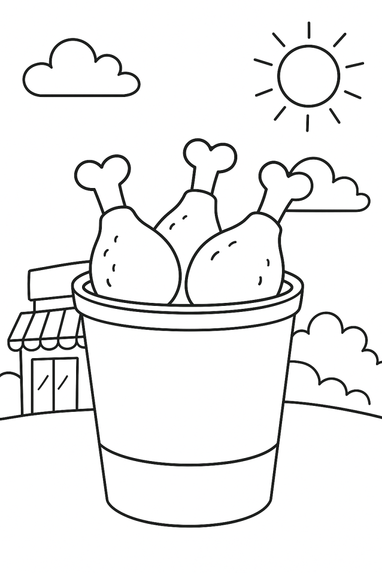 Coloring page of a food bucket with drumsticks