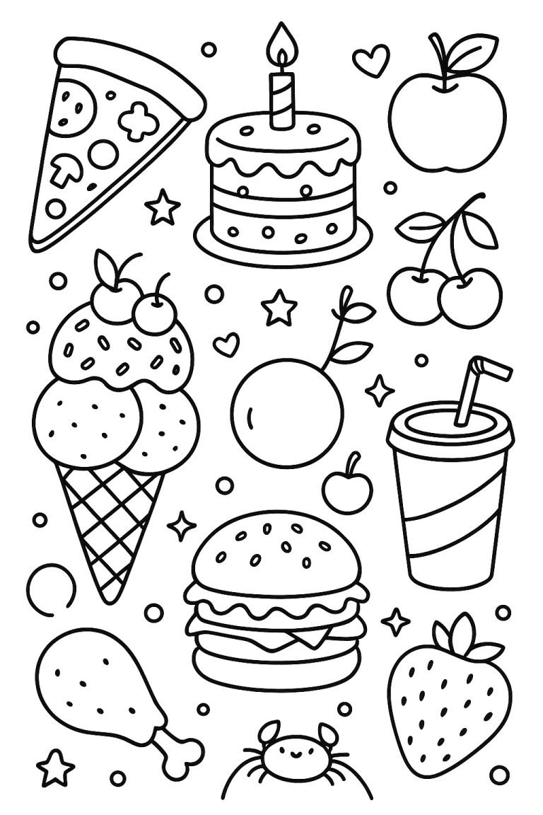 Children's coloring page featuring various foods like pizza, cake, and ice cream.