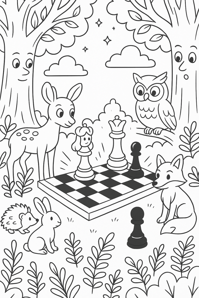 Coloring page of forest animals watching a chess game