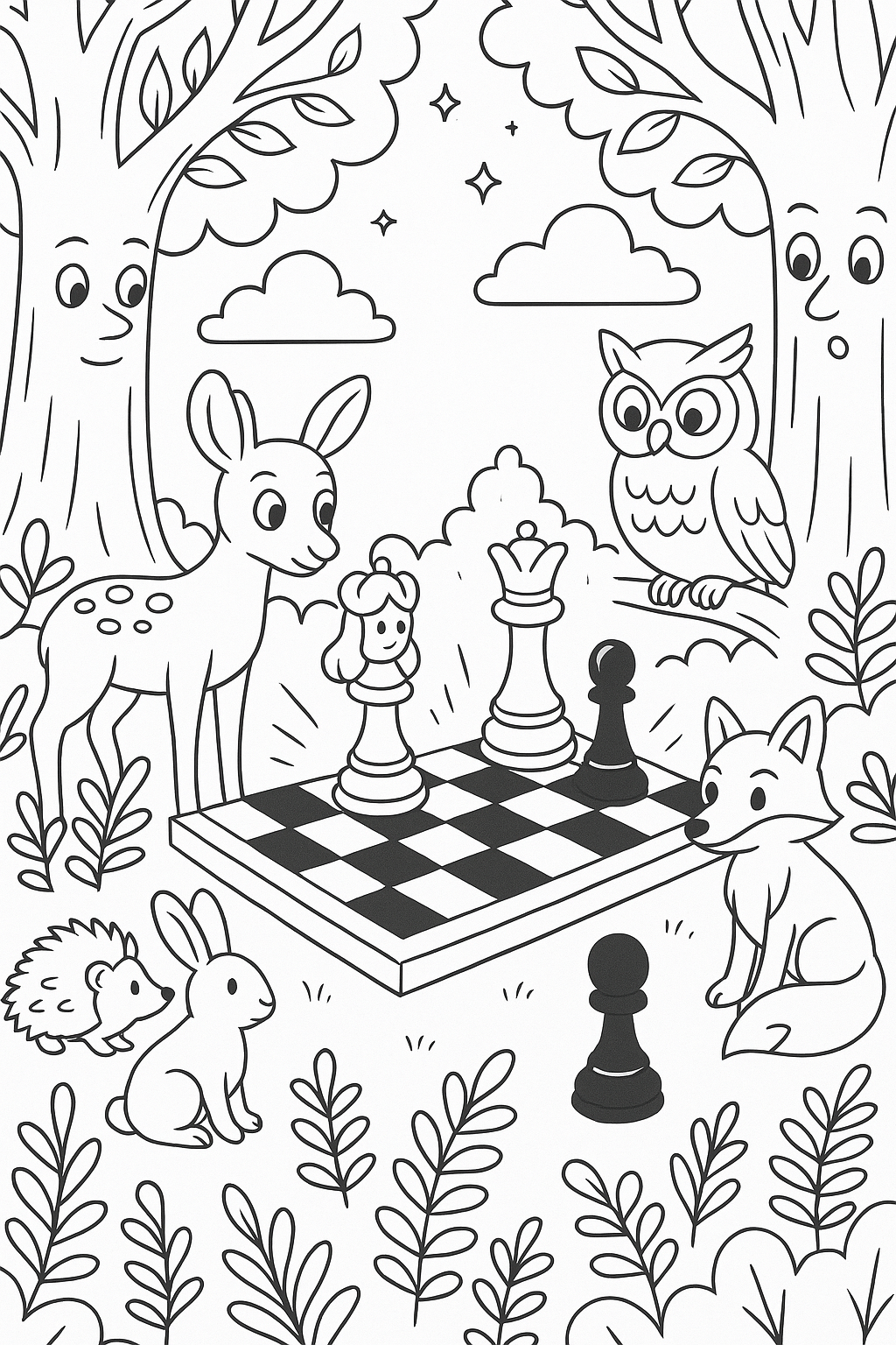 Coloring page of forest animals watching a chess game