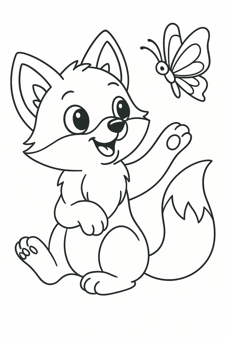 Cartoon fox happily interacting with a butterfly.