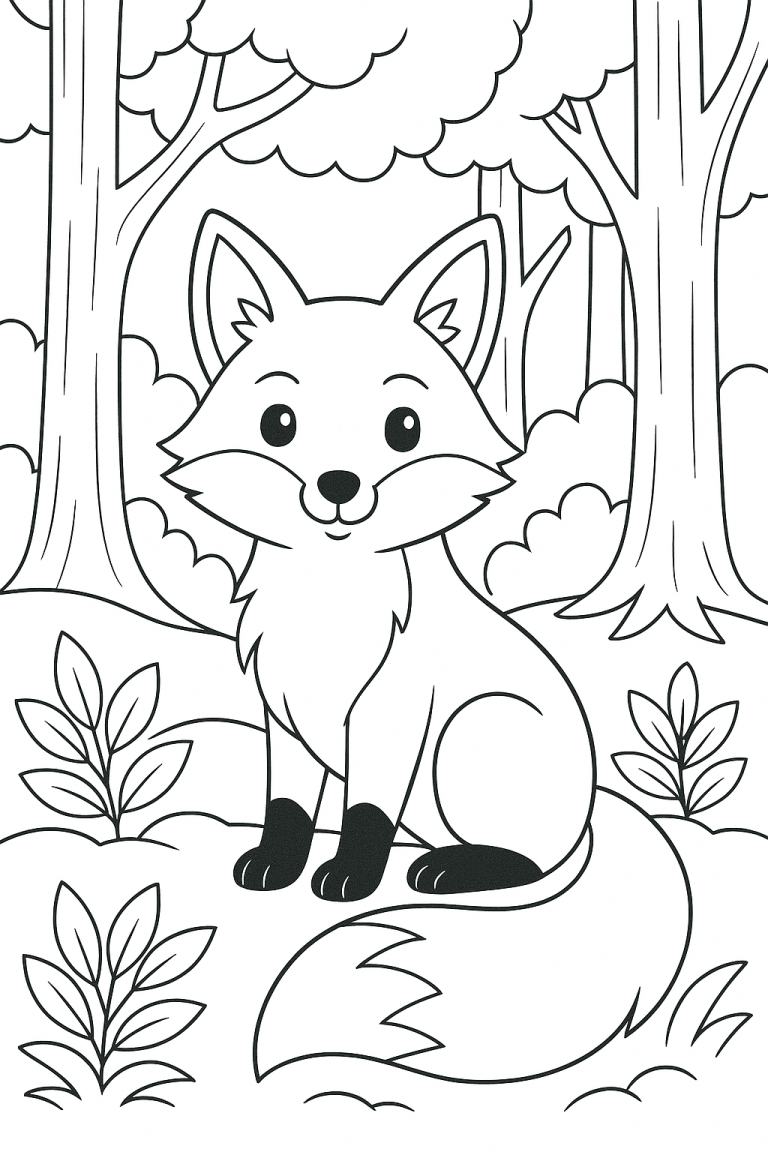 Cute fox coloring page in a forest