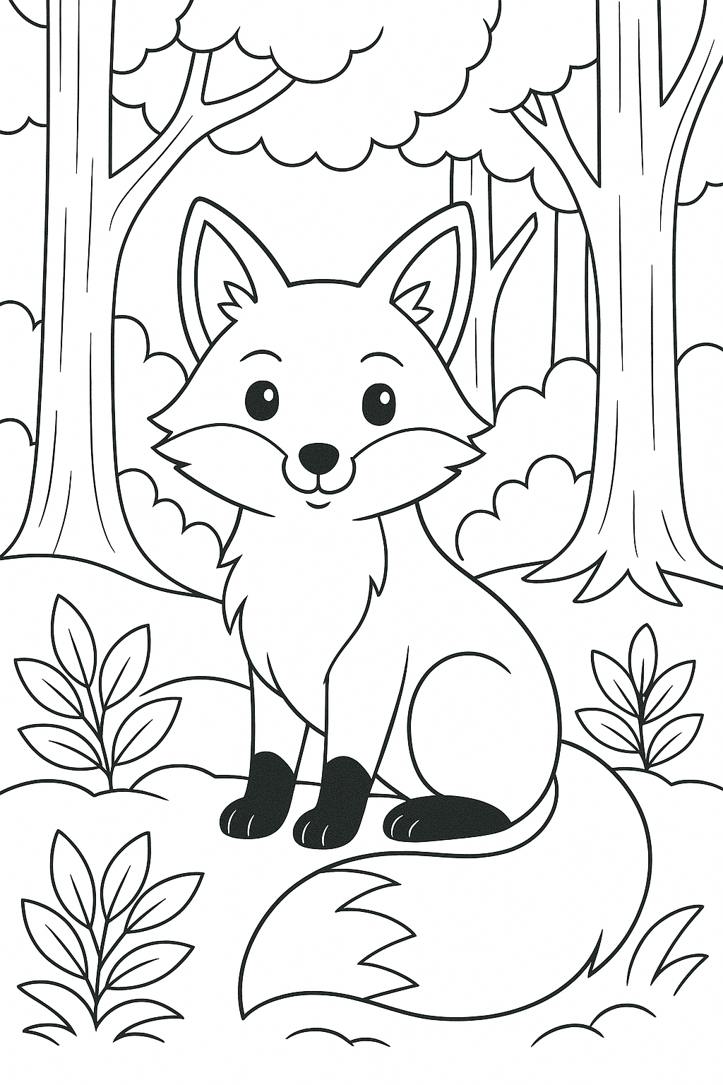 Cute fox coloring page in a forest