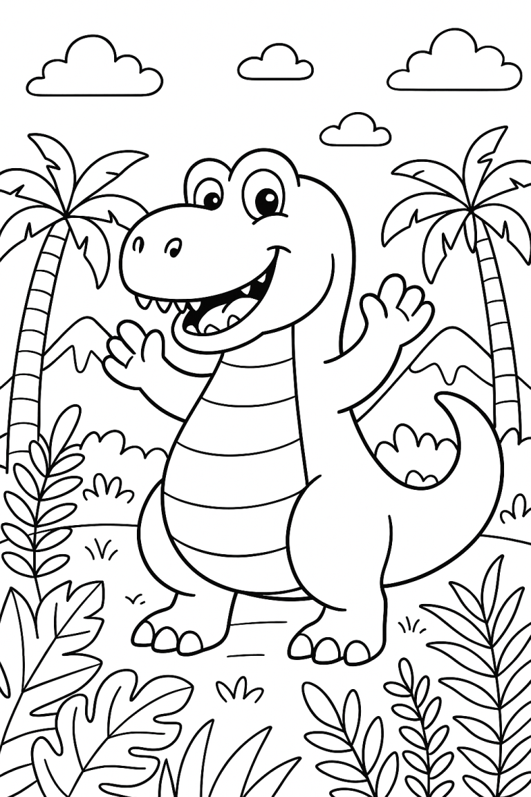 Friendly cartoon dinosaur in a jungle landscape coloring page