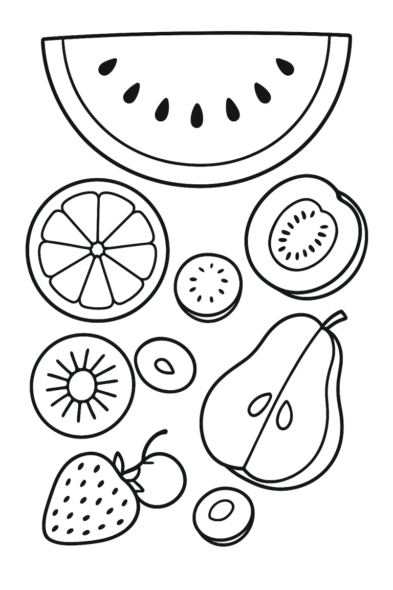 Children's coloring page with various fruits