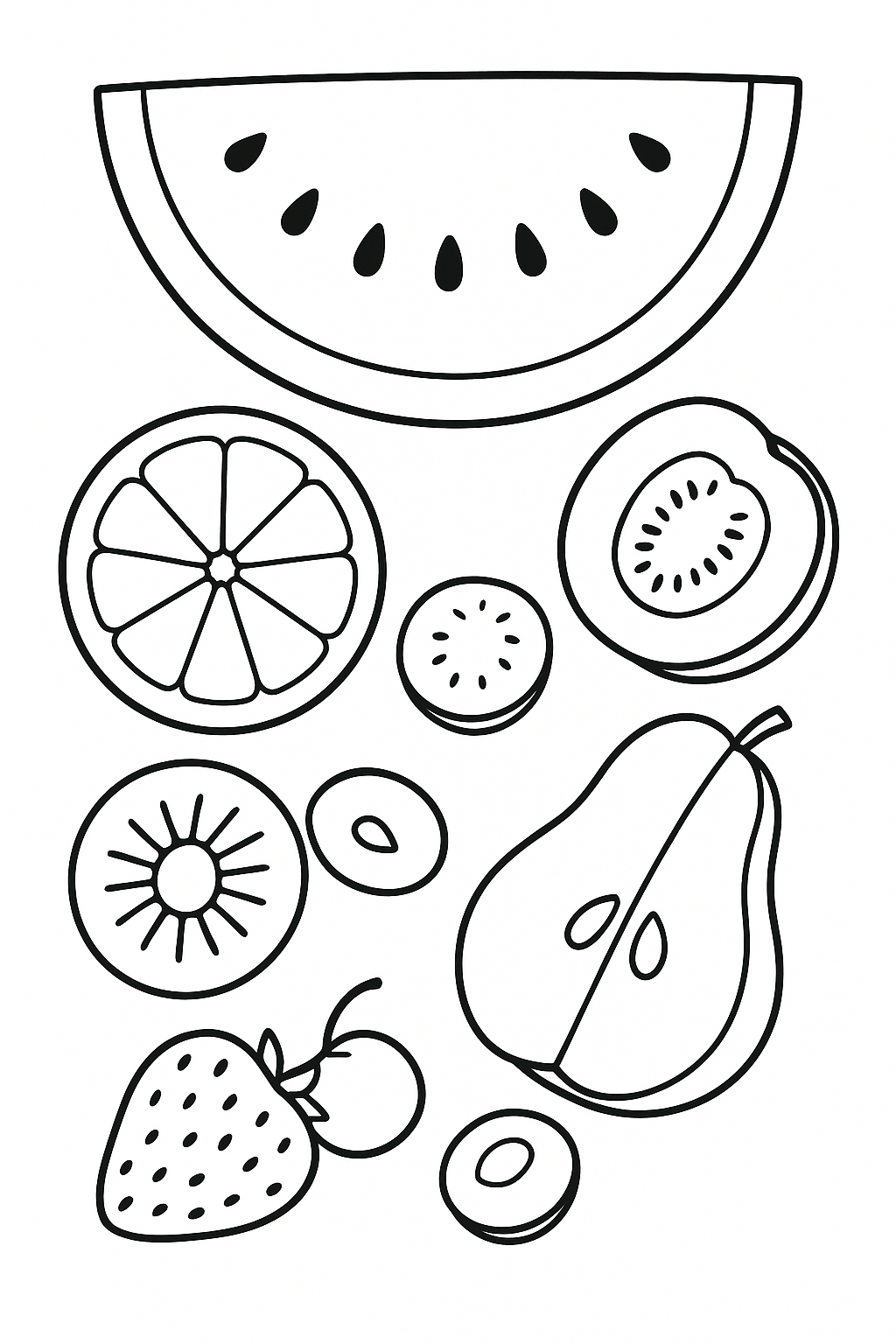 Children's coloring page with various fruits