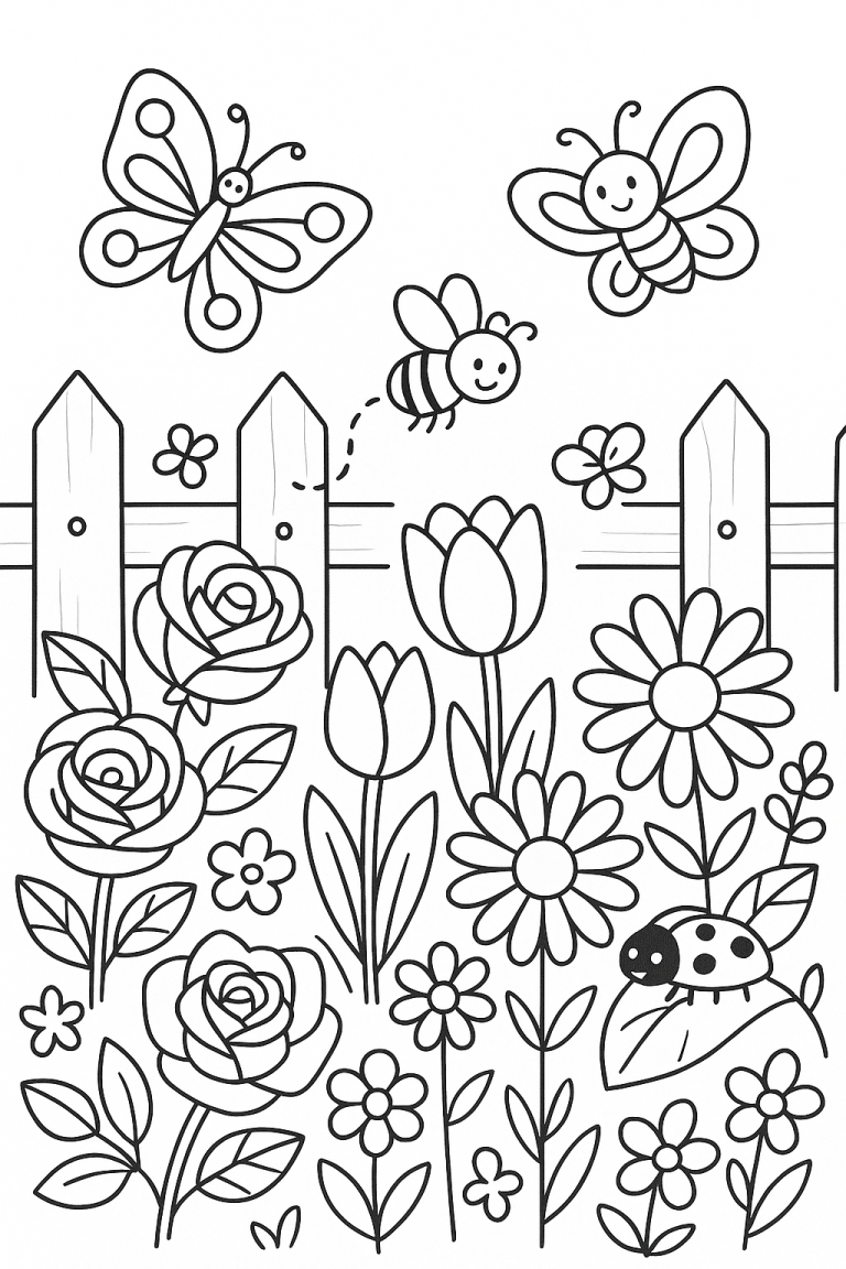 Children's garden coloring page with flowers and insects