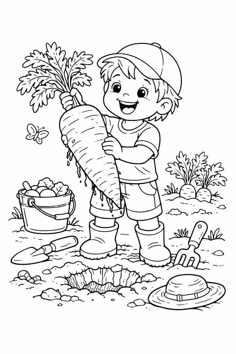 Child holding a large carrot in a garden