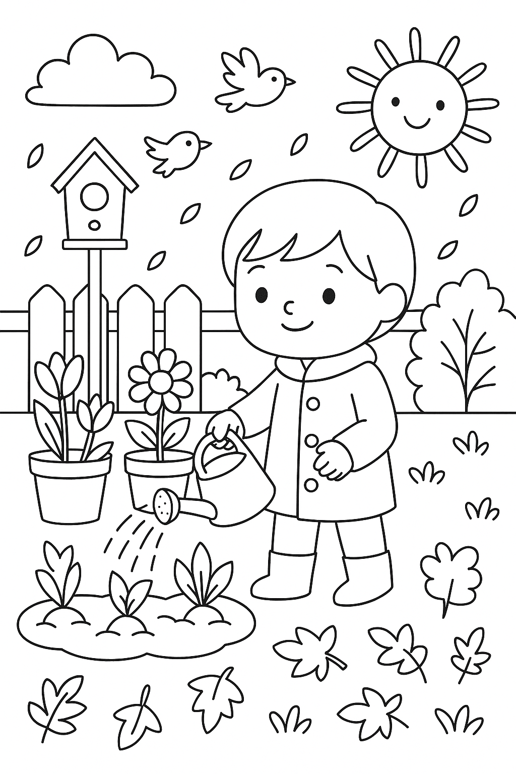Child watering plants in garden coloring page