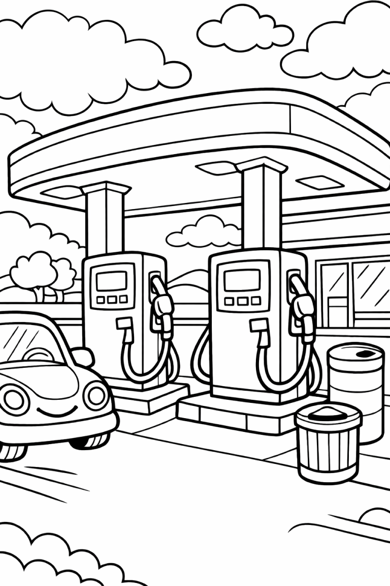 Coloring page of a gas station with a smiling car