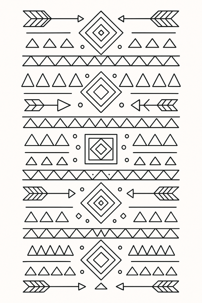 Coloring page with geometric patterns including arrows and triangles.