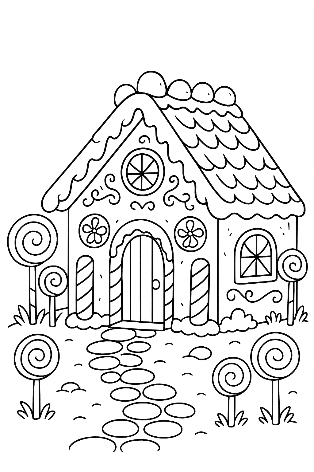 Gingerbread house with candy decorations coloring page