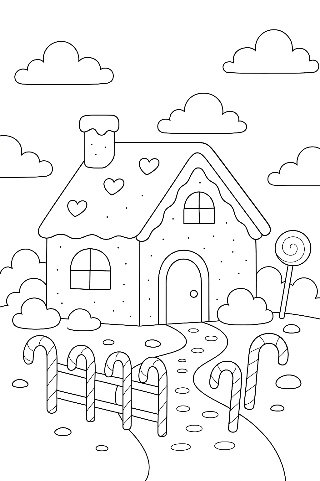 Gingerbread house coloring page with candy decorations