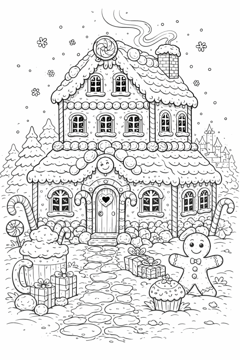 Gingerbread house with candies and snowflakes.