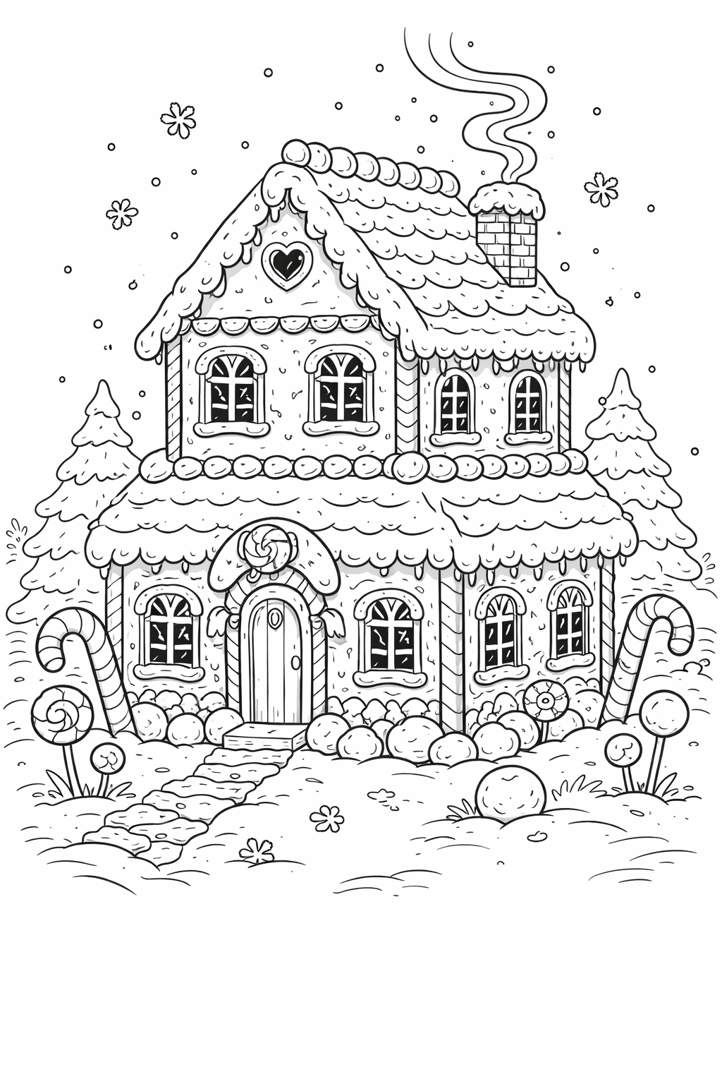 Gingerbread house coloring page with candy decorations