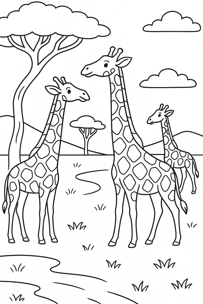 Children's coloring page with giraffes in a savanna