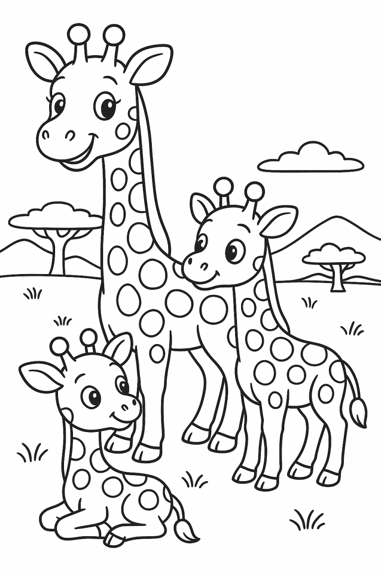 Coloring page with a family of giraffes in a savannah.