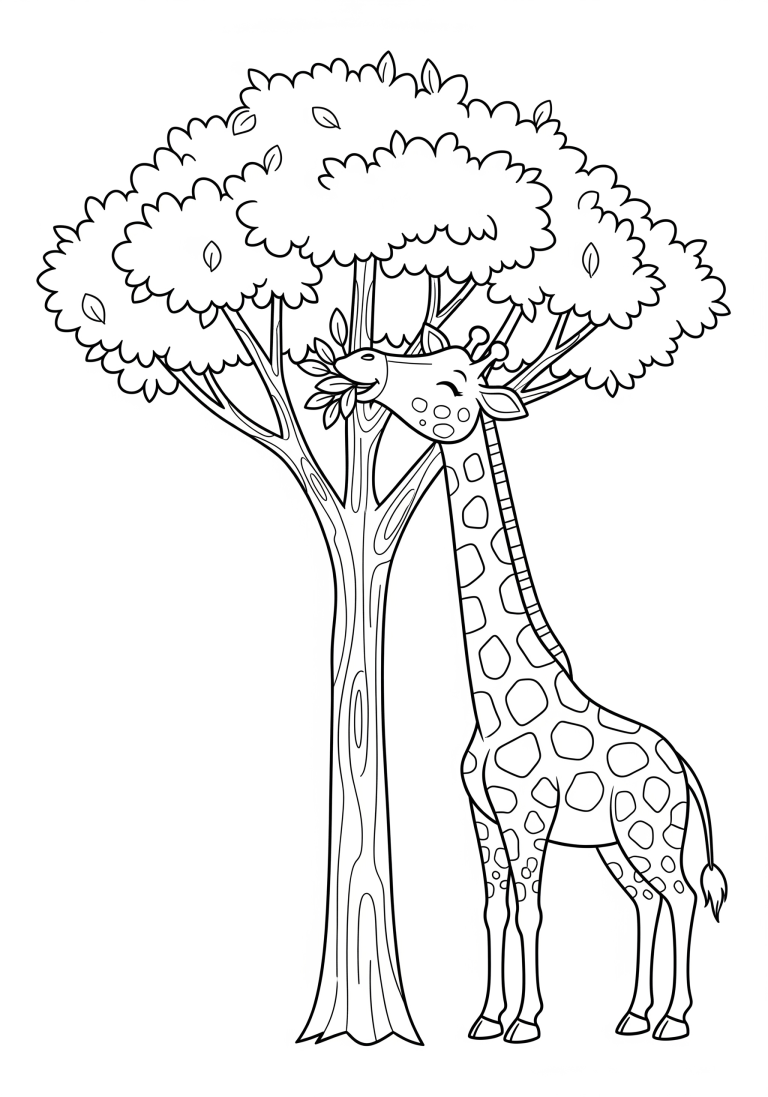 Giraffe coloring page with a giraffe eating leaves from a tree.