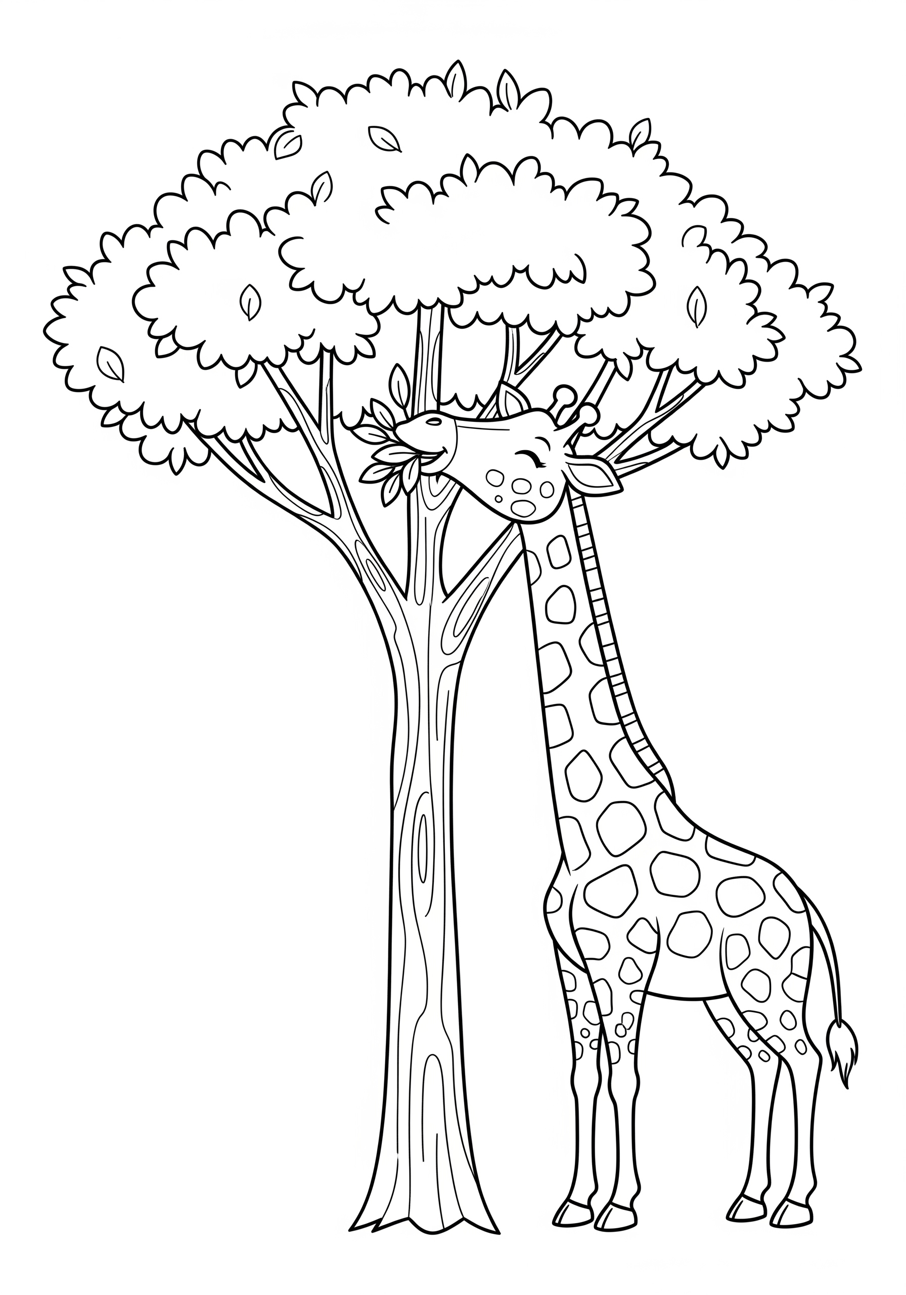 Giraffe coloring page with a giraffe eating leaves from a tree.
