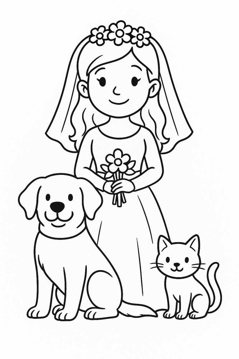 Girl with a dog and cat coloring page