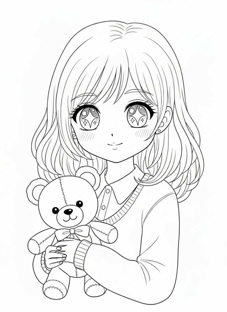 Girl with teddy bear coloring page