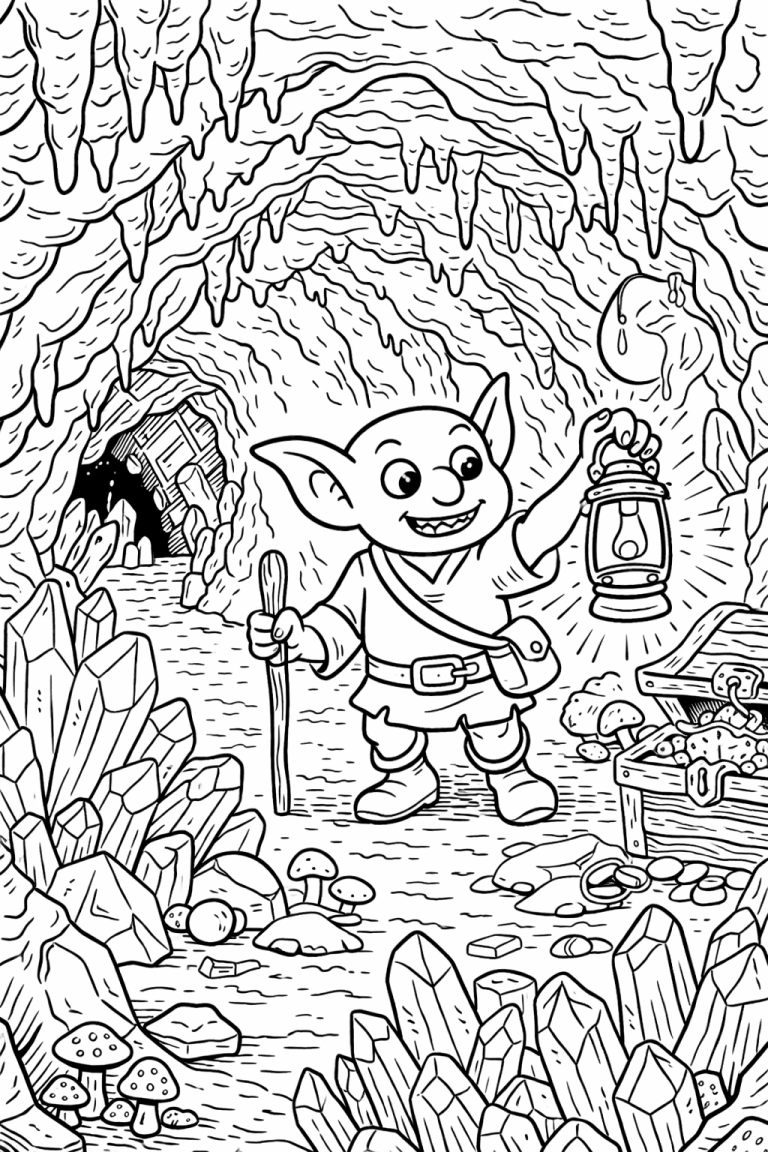 Goblin in crystal-filled cave with treasure chest