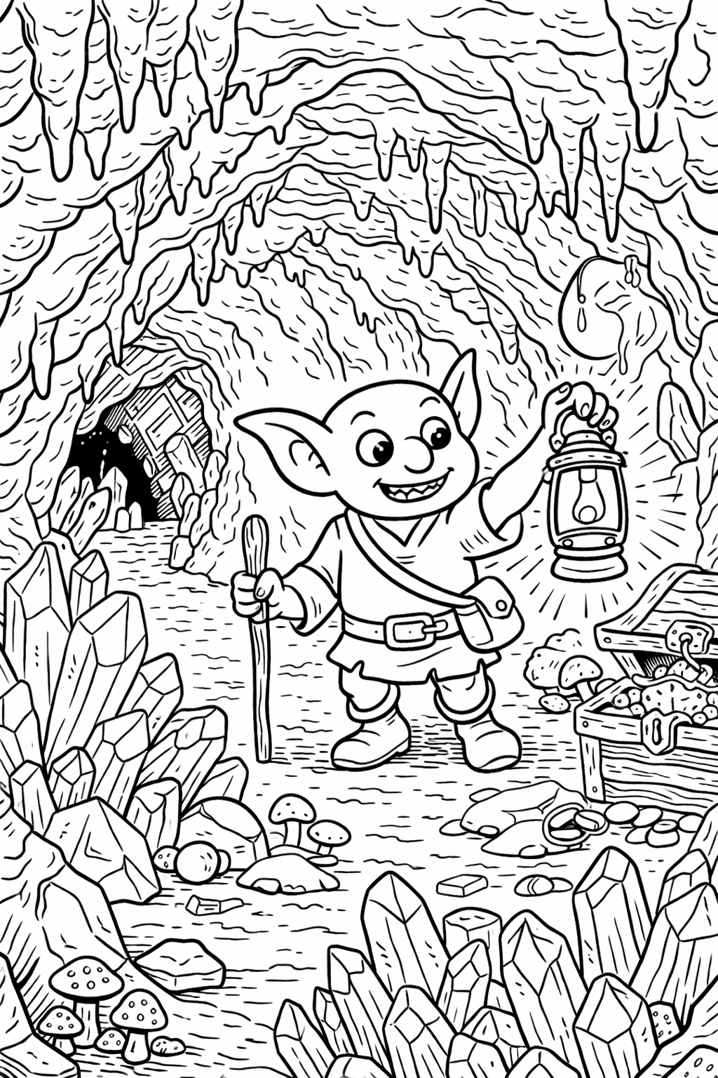 Goblin in crystal-filled cave with treasure chest