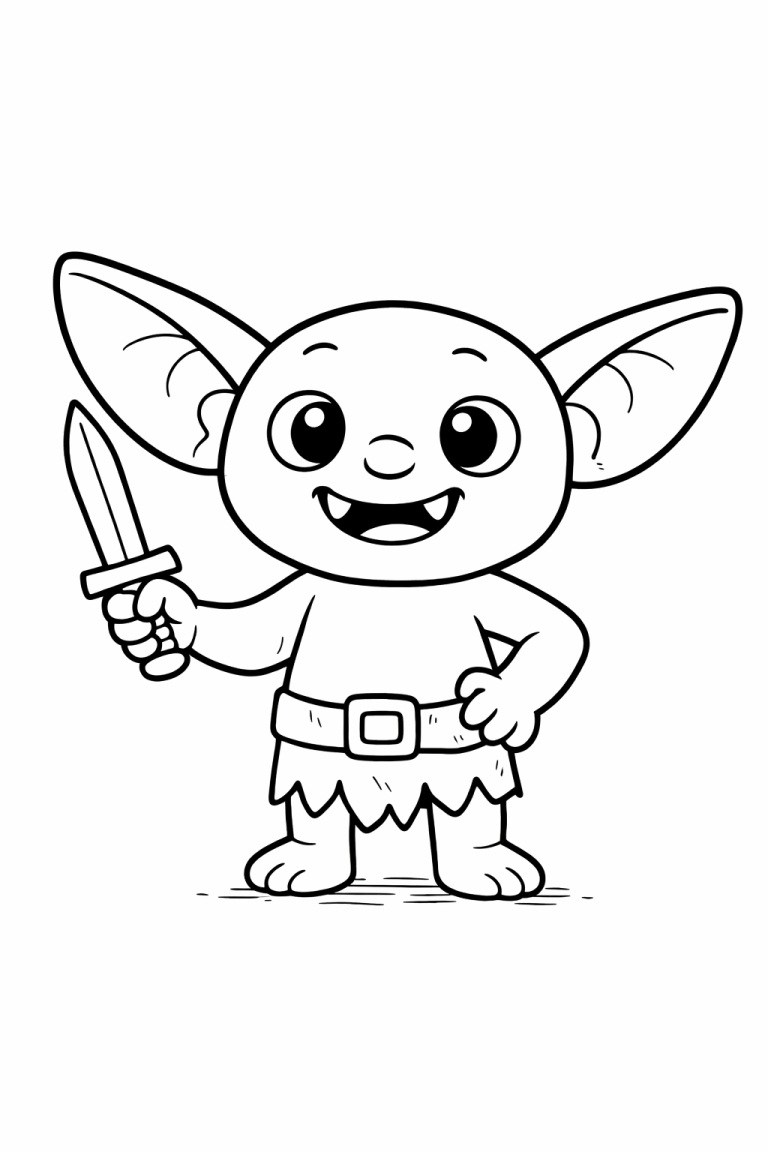 Goblin coloring page with a cute goblin holding a sword.