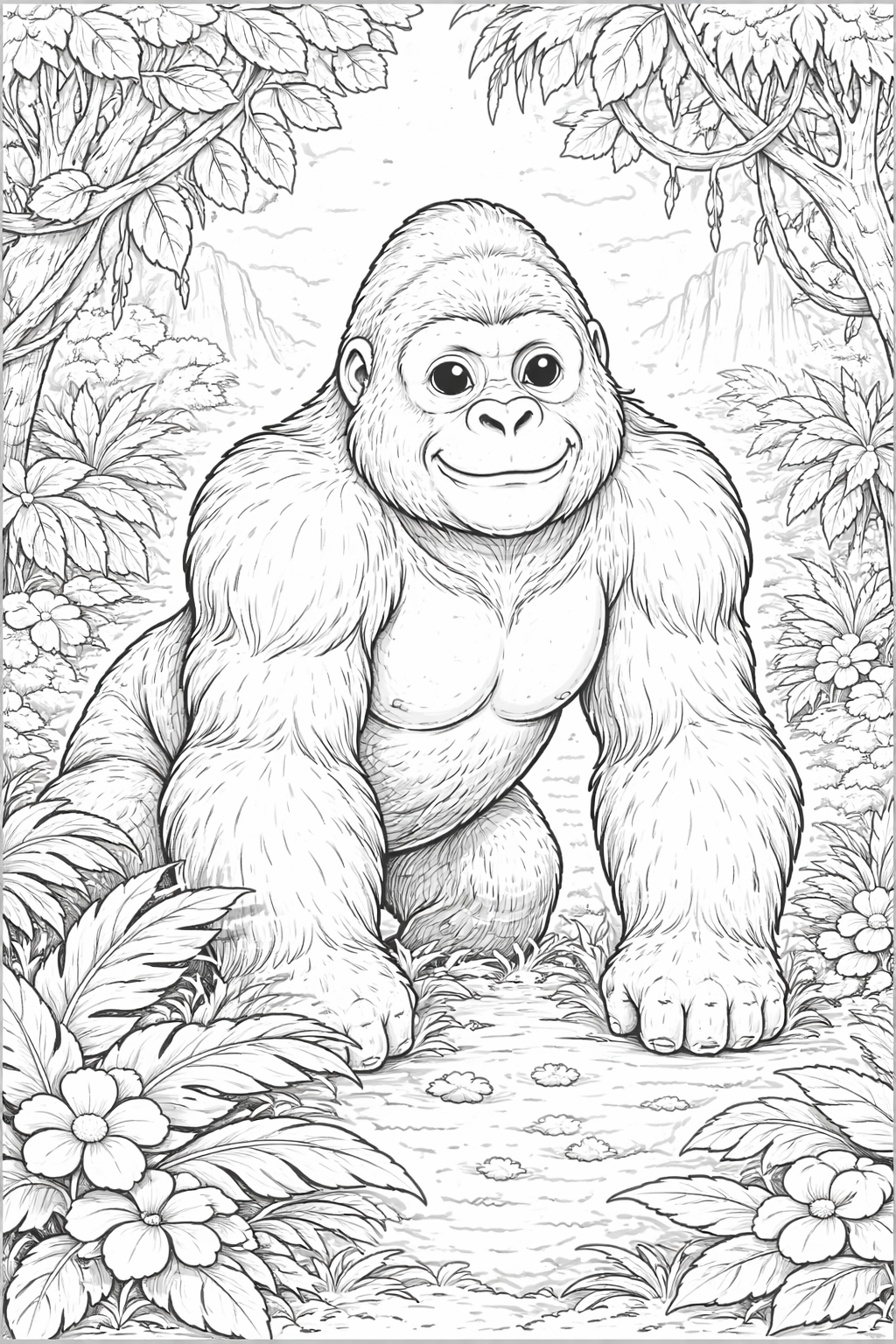 Gorilla coloring page with jungle background