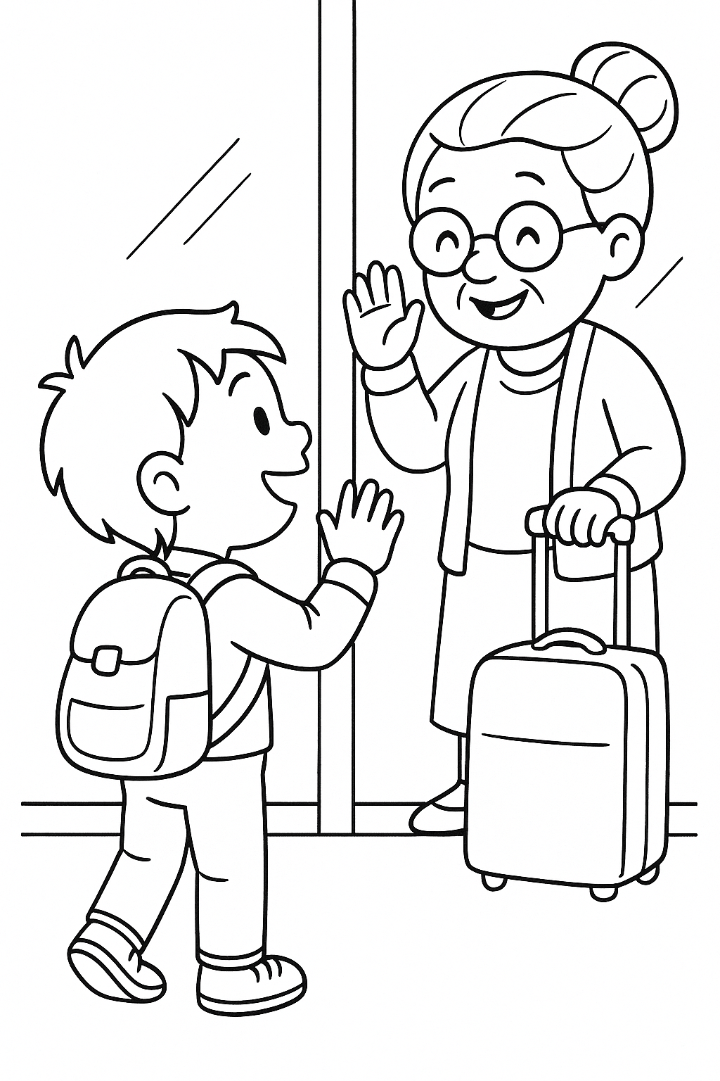 Grandparent saying goodbye to a child at the window