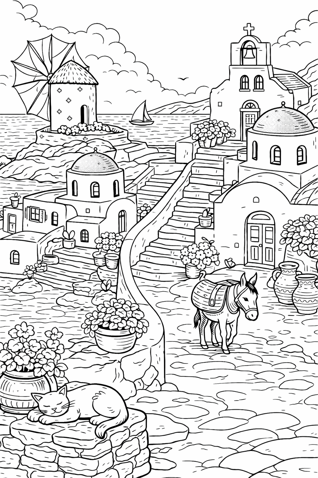 Greek village scene with buildings, windmill, and a donkey