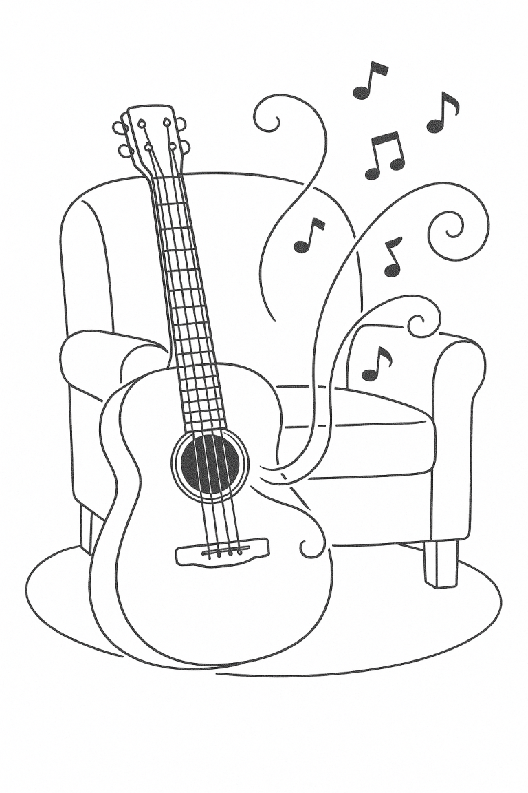 Guitar resting on a chair with musical notes