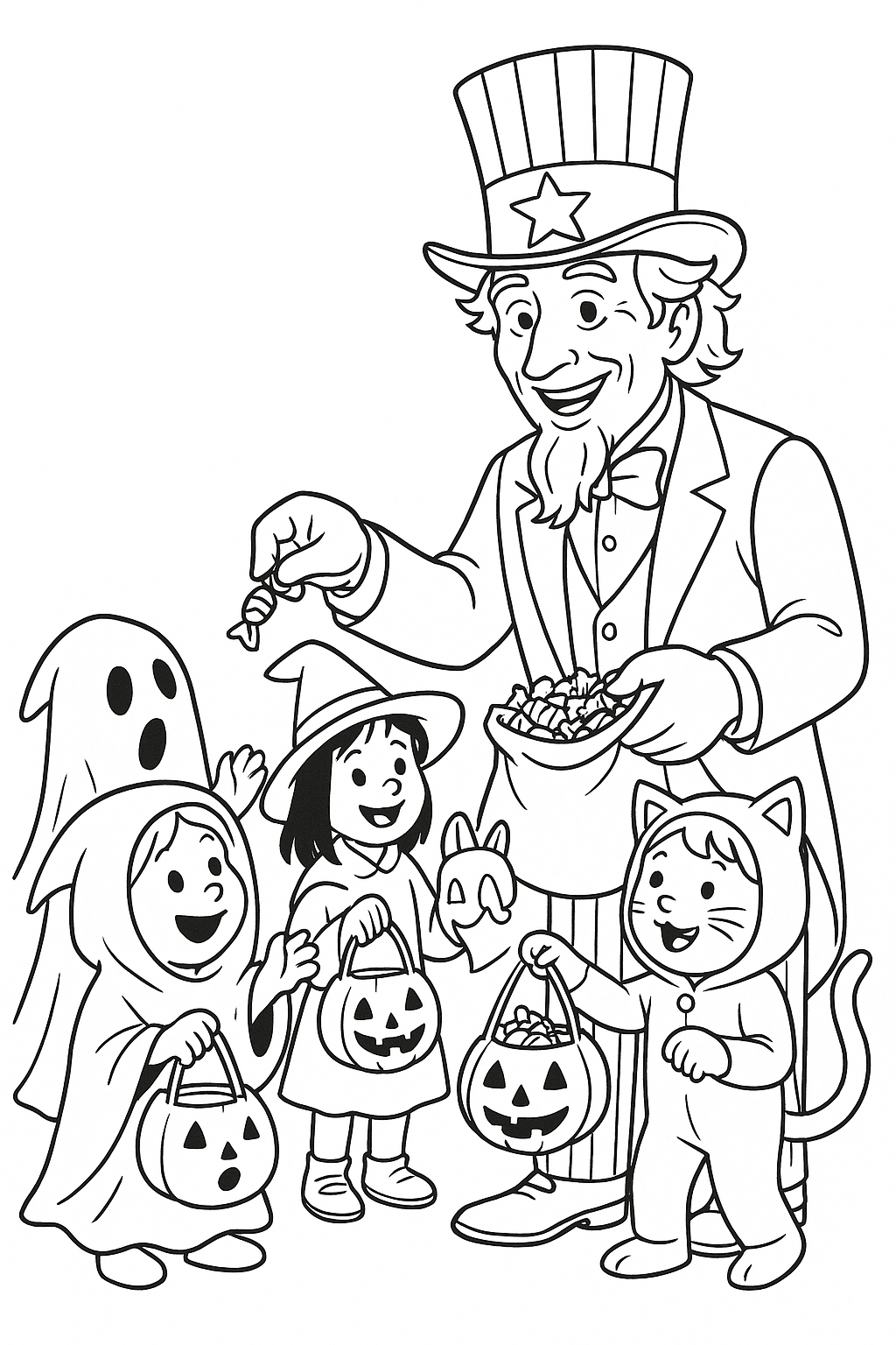 Children in costumes receiving Halloween candy