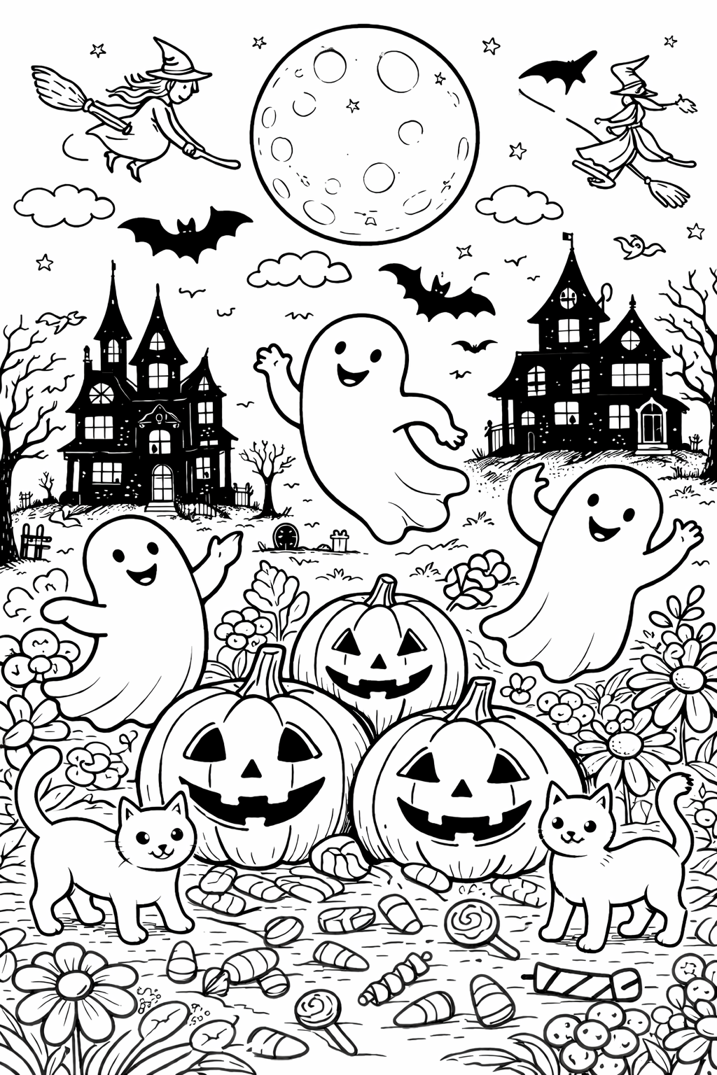 Halloween coloring page with ghosts, pumpkins, and witches