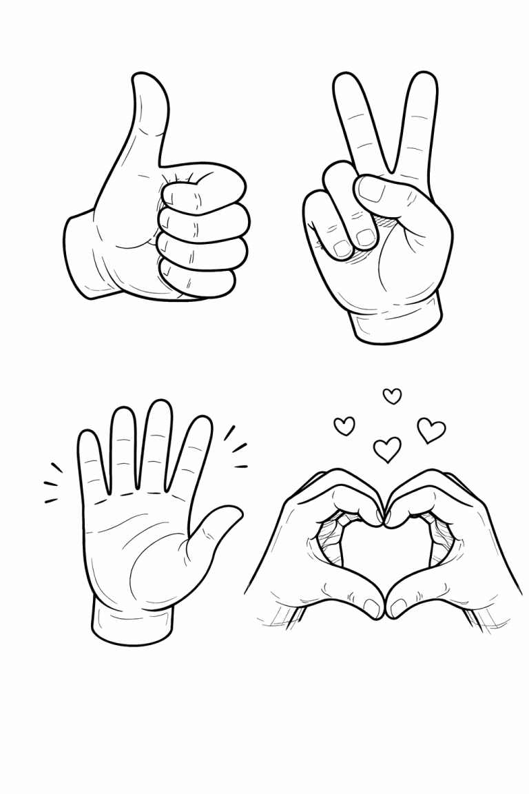 Coloring page showing various hand gestures